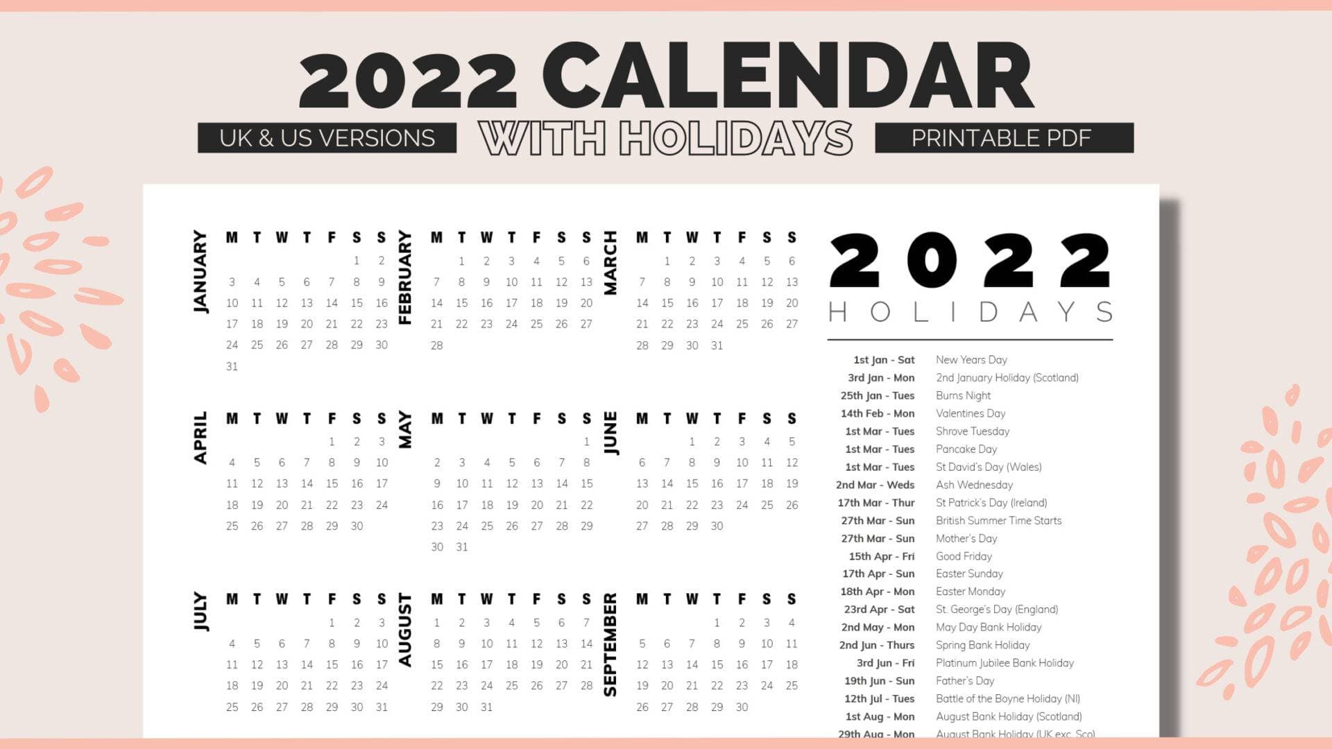 Featured image for 2022 Calendar with Holidays Printable
