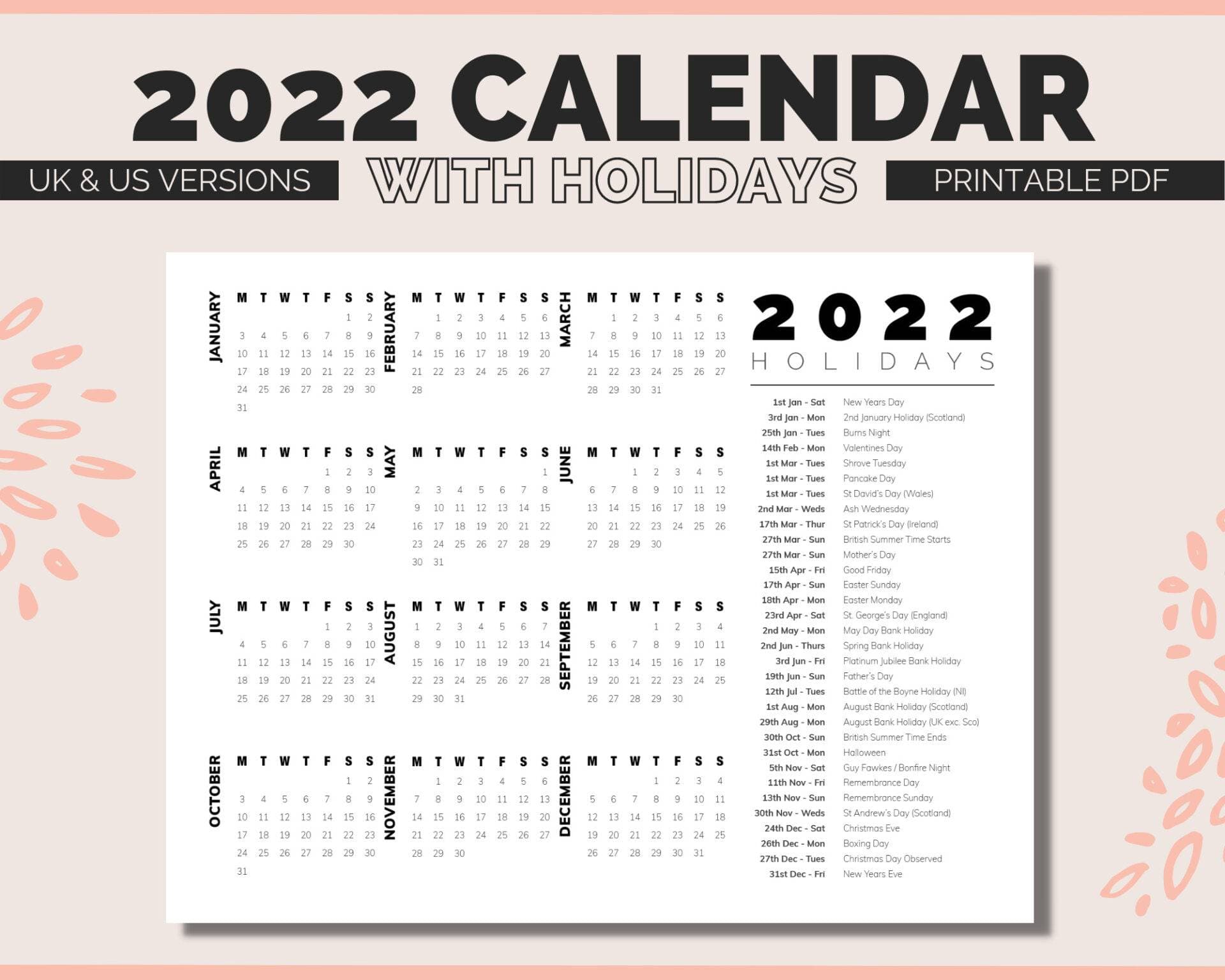2022 Calendar with Holidays Printable