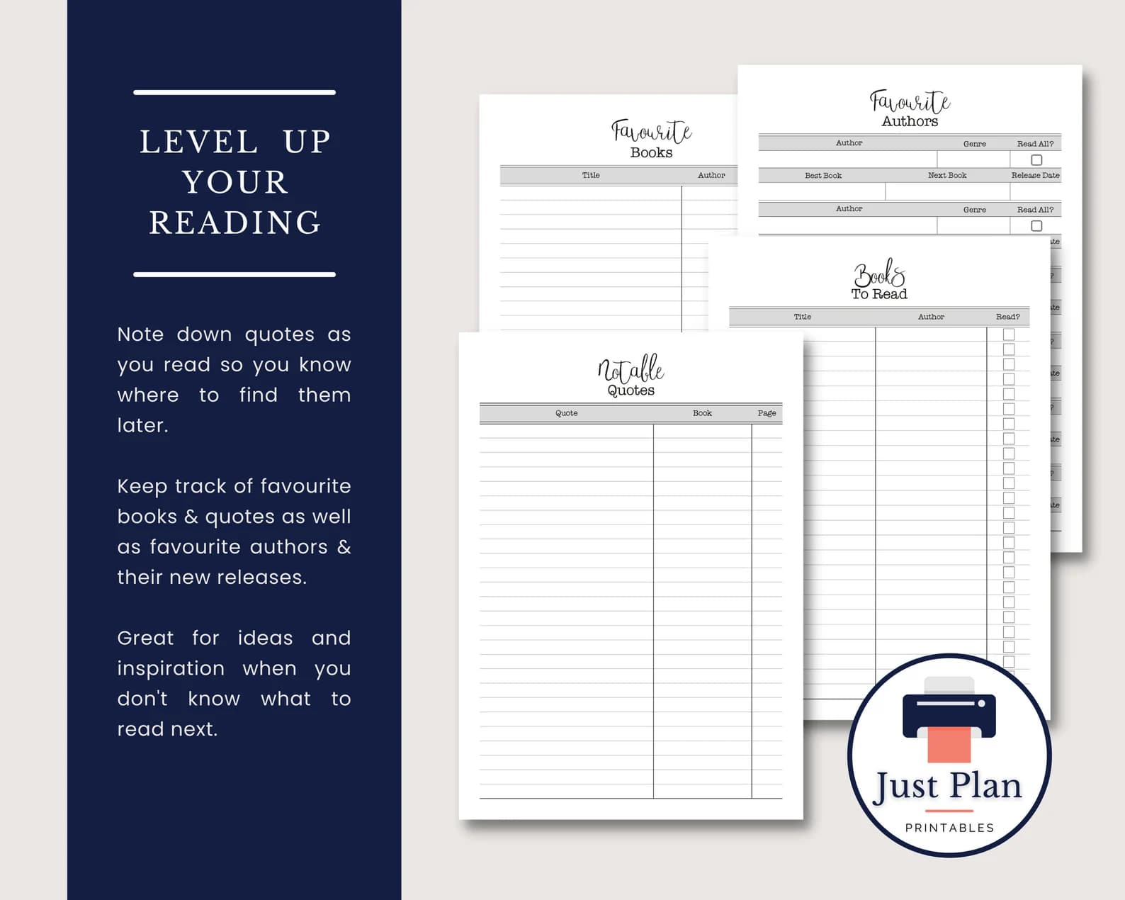 Printable reading tracker template - quotes, books to read, favourite authors, and favourite books