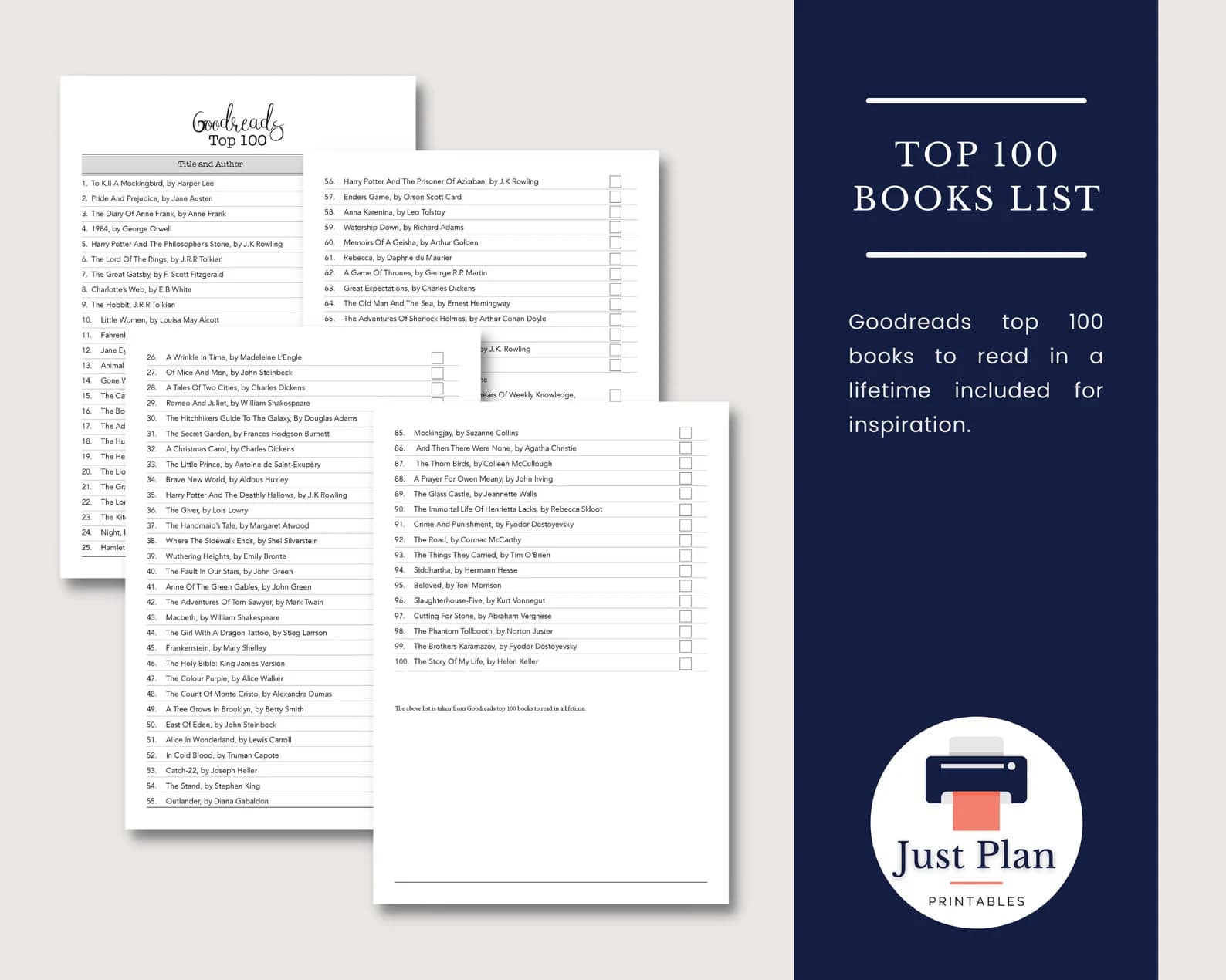 Printable reading tracker template - Goodreads top 100 for inspiration